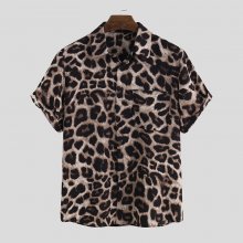 OUTDOOR Summer Leopard Print Shirts Fashion Men Short Sleeve Lapel Shirt Casual Floral Blouse Men Hawaiian Beach Tops COD