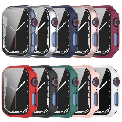Bakeey Colorful Shockproof Anti-Scratch PC + HD Clear Tempered Glass Full Cover Watch Case Cover for Apple Watch S7 41mm/ 45mm COD