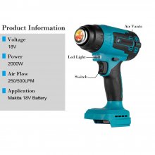 Drillpro 2000W Electric Heat Gun with 18V Power and High-Quality Ceramic Heating Core Features 3PCS Quick Dismantling Nozzles and LED lighting Suitable for Welding Soldering and Drying