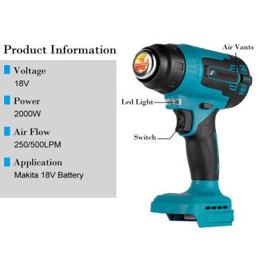 Drillpro 2000W Electric Heat Gun with 18V Power and High-Quality Ceramic Heating Core Features 3PCS Quick Dismantling Nozzles and LED lighting Suitable for Welding Soldering and Drying