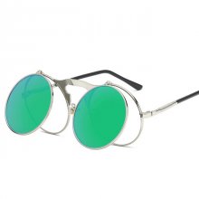 UV400 Vintage Steampunk Flip Up Men Sunglasses Women Retro Round Metal Frame Sun Glasses Hinge Design Curved Glasses Legs COD