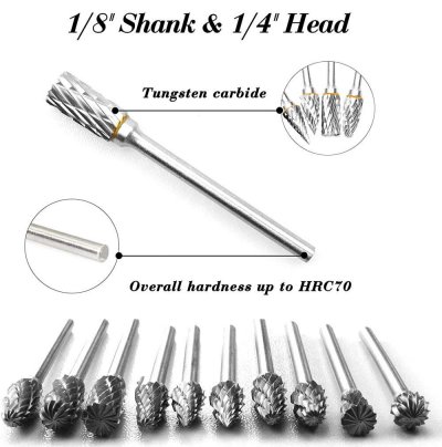 New 10 pcs 1/8" Shank Tungsten Carbide Milling Cutter Rotary Tool Burr Double Diamond Cutting Rotary Dremel Tools Electric Grinding COD
