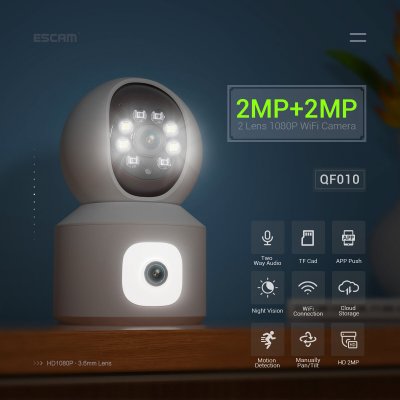 ESCAM QF010 2x2MP Two Lens Dual Perspectives Pan/Tilt Motion Detection Cloud Storage Waterproof WiFi IP Camera with Two Way Audio Night Vision COD