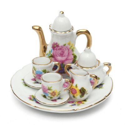 8pcs Porcelain Vintage Tea Sets Teapot Coffee Retro Floral Cups Doll House Decor Toy COD